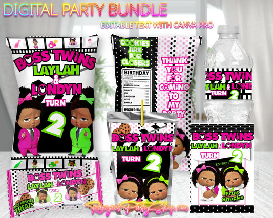 Boss Twins Digital Digital Party Package | Girl Boss Twins Party Bundle | Edit with CANVA PRO | Digital File Only