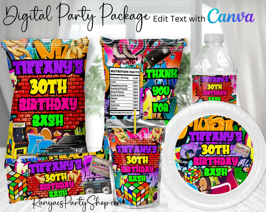 90's Digital Party Package | Edit Text with Canva | You Edit | You Save | You Download | You Print | Digital File Only