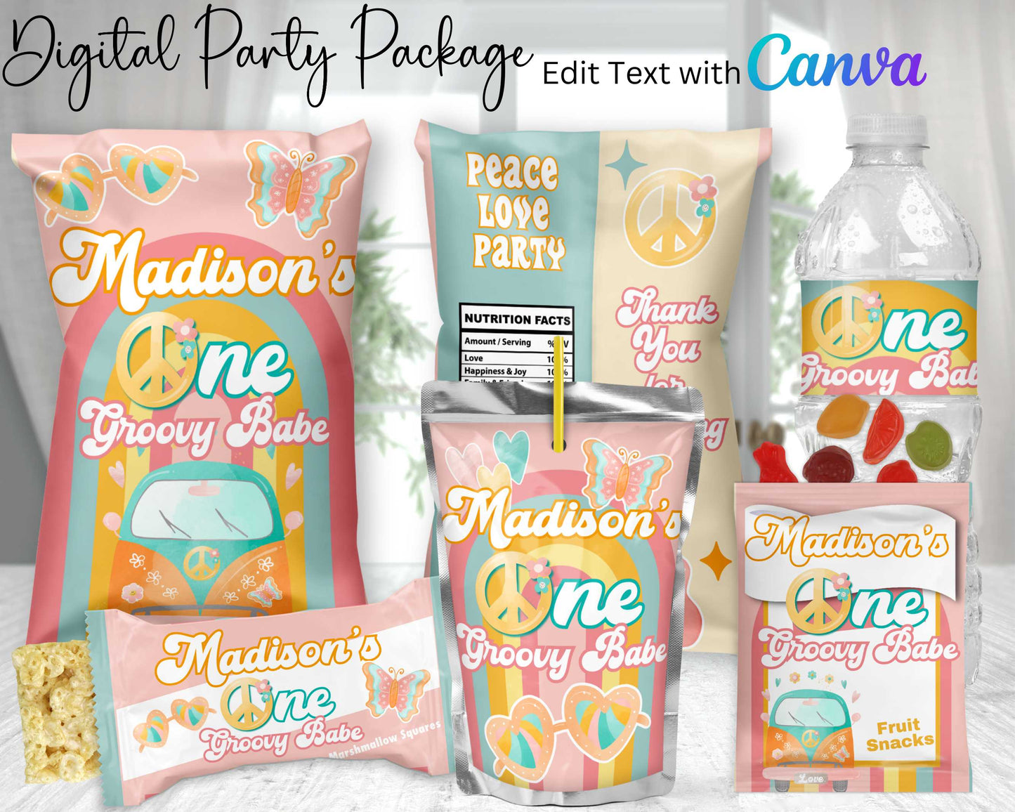One Groovy Babe Digital Party Package | Edit Text with Canva | You Edit | You Save | You Download | You Print | Digital File Only