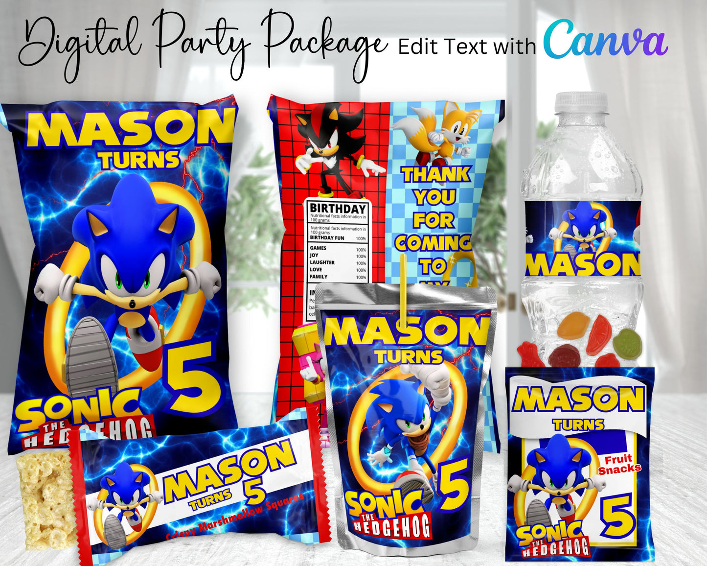 Sonic the Hedgehog Digital Party Package | Edit Text with Canva | You Edit | You Save | You Download |You Print | Digital File Only