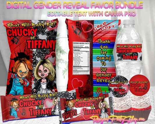 Chucky or Tiffany Gender Reveal Digital Package | Chucky or Tiffany Gender Reveal | Editable with CANVA PRO | Gender Reveal Favors | Digital File Only