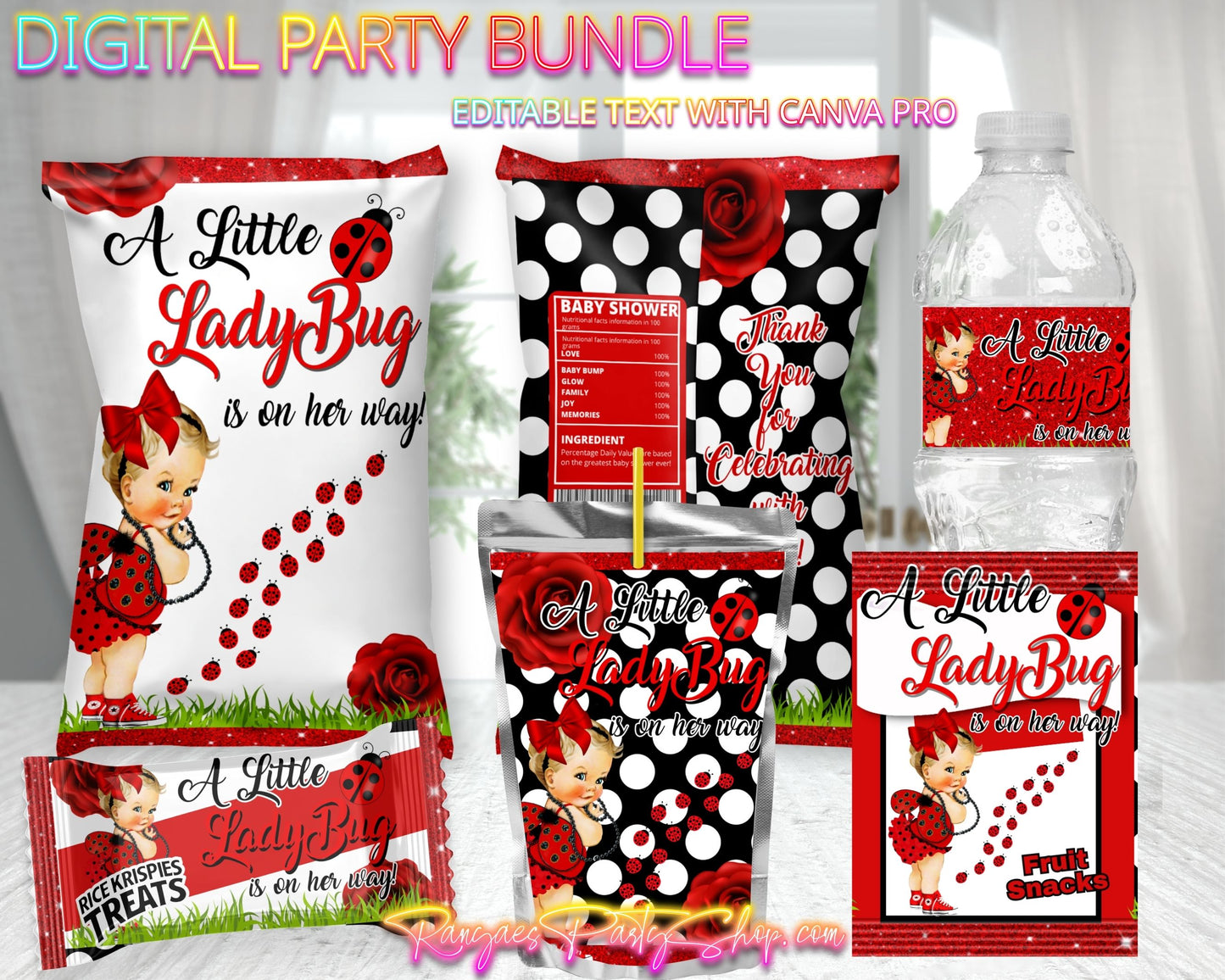 Ladybug Baby Shower Digital Bundle | Ladybug Baby Shower | Edit Text with CANVA PRO | Digital File Only