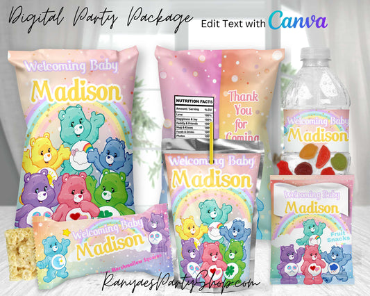 Care Bears Pastel Digital Party Package | Edit Text with Canva | You Edit | You Save | You Download | You Print | Digital File Only