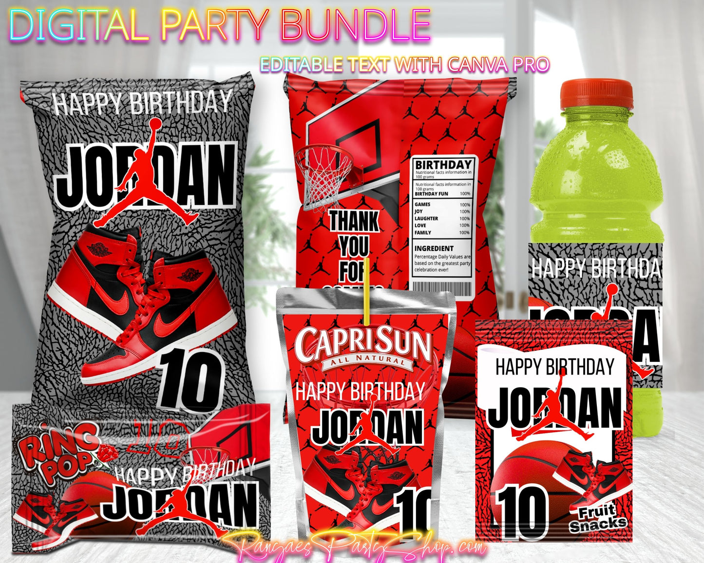 Jordan Theme Digital Party Package | Basketball Birthday Party Bundle | Edit Text with CANVA PRO | Digital File Only