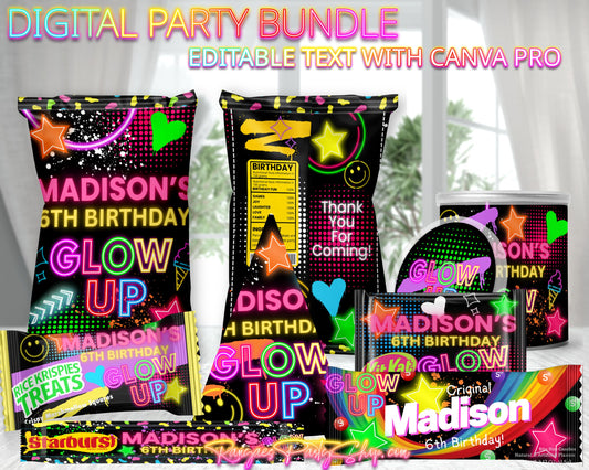 Glow Up Digital Party Package | Glow Party Bundle | Edit Text with CANVA PRO | Digital File Only
