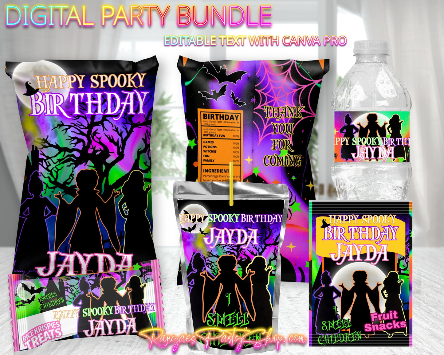 Hocus Pocus Digital Party Package | Halloween Birthday Party Bundle | Edit Text with CANVA PRO | Digital File Only