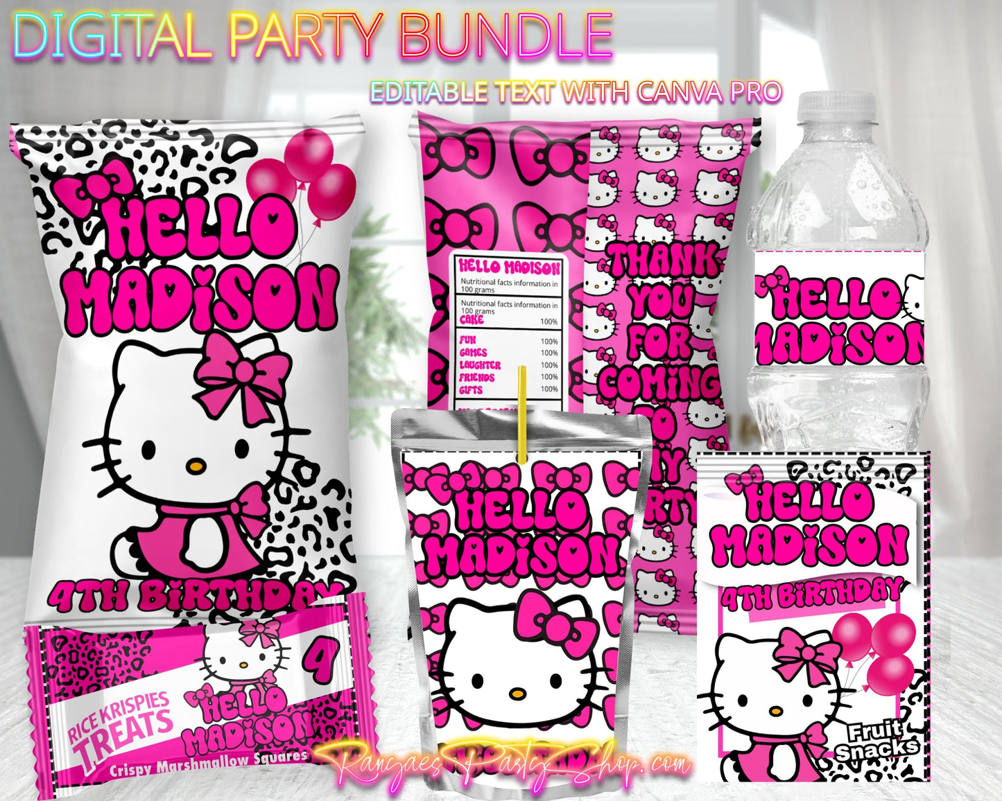 Hello Kitty Digital Party Package | Hello Kitty Birthday Party Bundle | Edit Text with CANVA PRO | Digital File Only