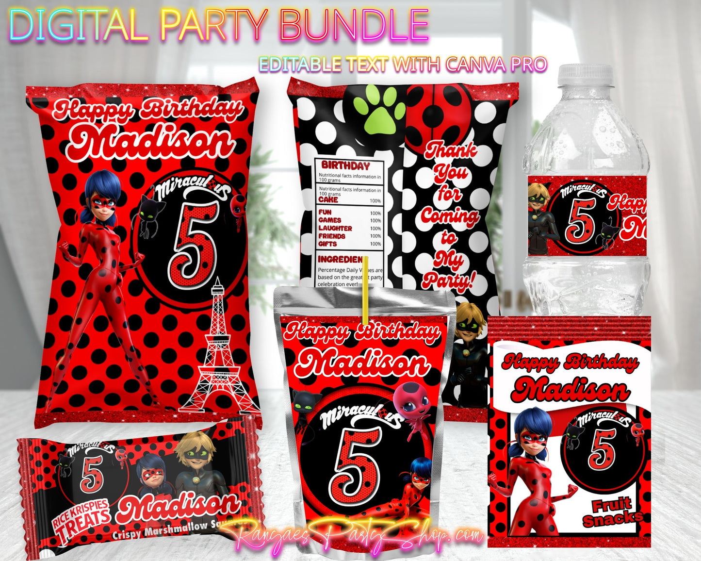 Miraculous Lady Bug Digital Party Package | Miraculous Lady Bug Birthday Party Bundle | Edit Text with CANVA PRO | Digital File Only