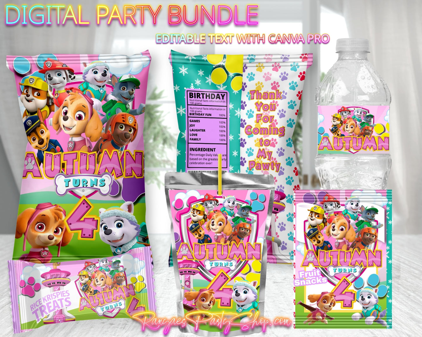 Paw Patrol Girl Digital Party Package | Paw Patrol Birthday Party Bundle | Edit Text with CANVA PRO | Digital File Only