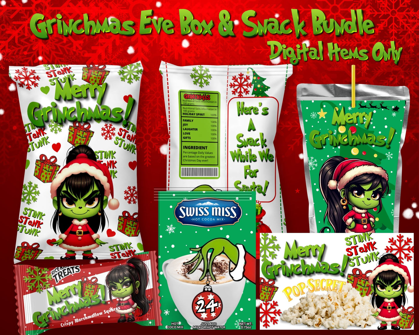 Girl Grinchmas Eve Box with Snacks Digital Bundle | Christmas Eve Digital Bundle | INSTANT DOWNLOAD | Digital Files