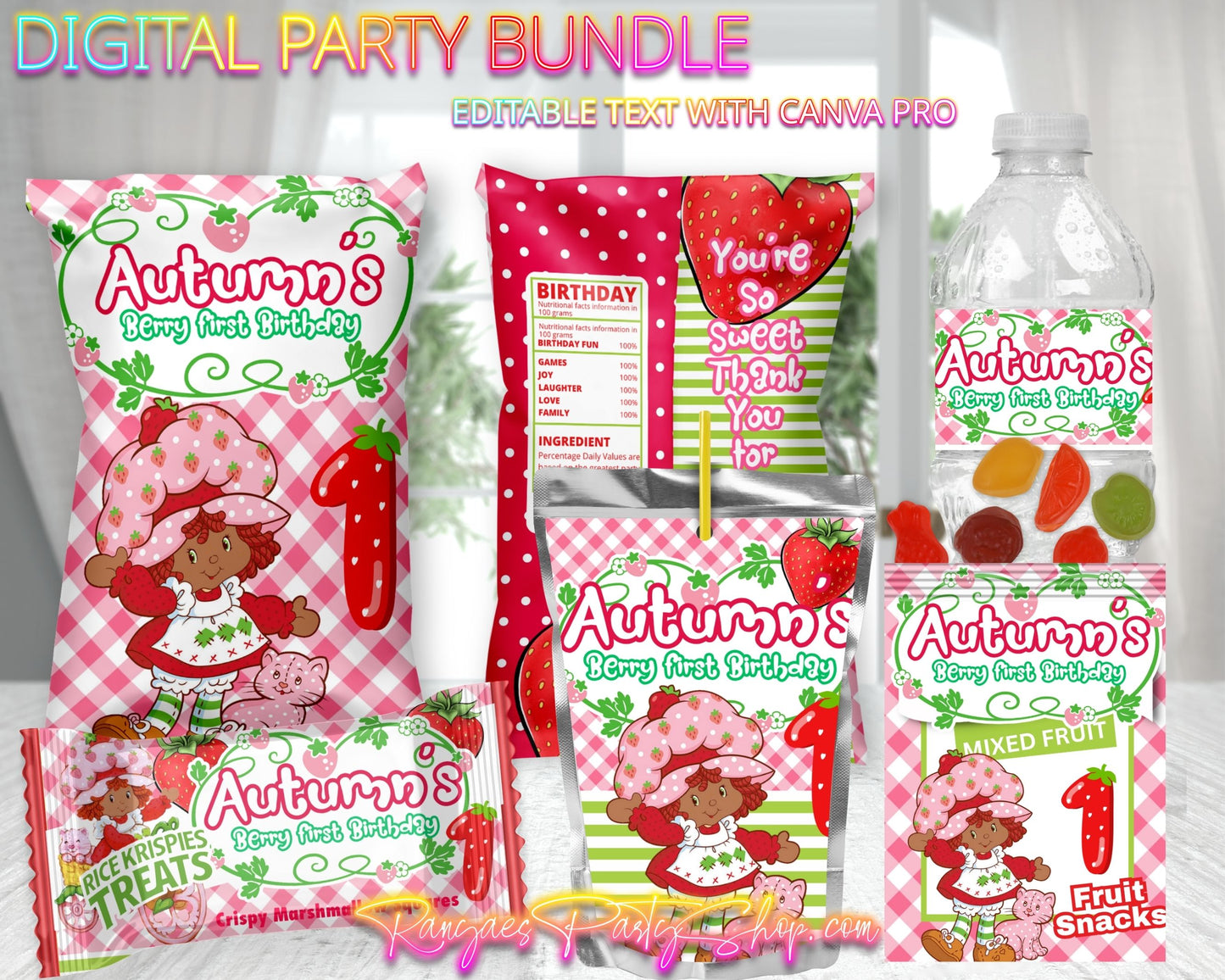 AA Strawberry Shortcake Digital Party Package | AA Strawberry Shortcake Birthday Party Bundle | Edit Text with CANVA PRO | Digital File Only