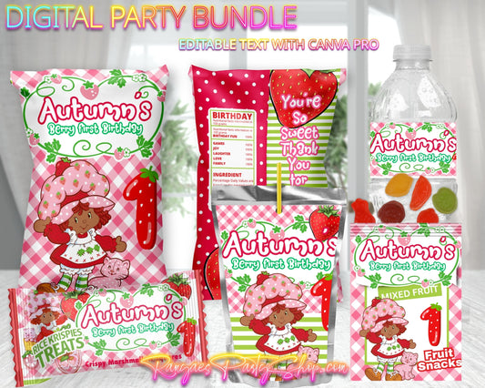 AA Strawberry Shortcake Digital Party Package | AA Strawberry Shortcake Birthday Party Bundle | Edit Text with CANVA PRO | Digital File Only