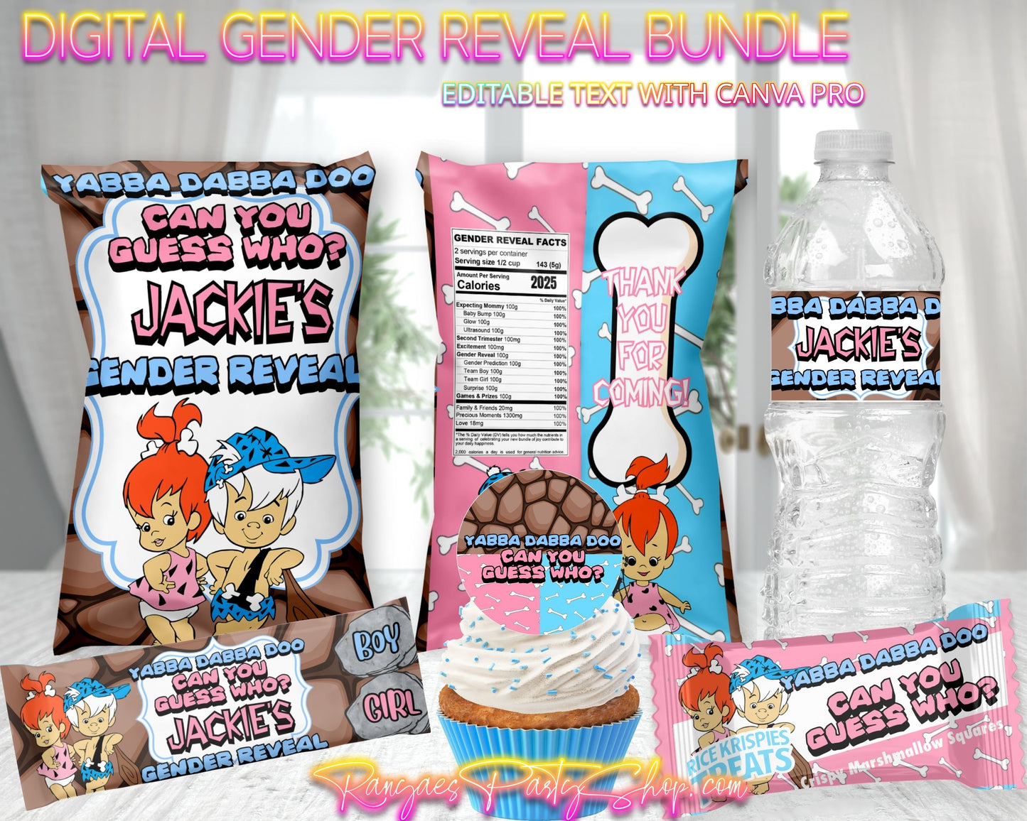 Pebbles or Bam Bam Gender Reveal Digital Package | Gender Reveal Bundle Pink and Blue | Editable with CANVA PRO | Gender Reveal Favors | Digital File Only