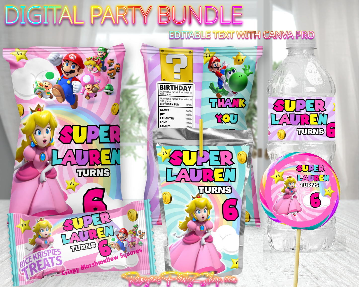 Princess Peach Digital Party Package | Princess Peach Party Bundle | Edit Text with Canva | Digital File