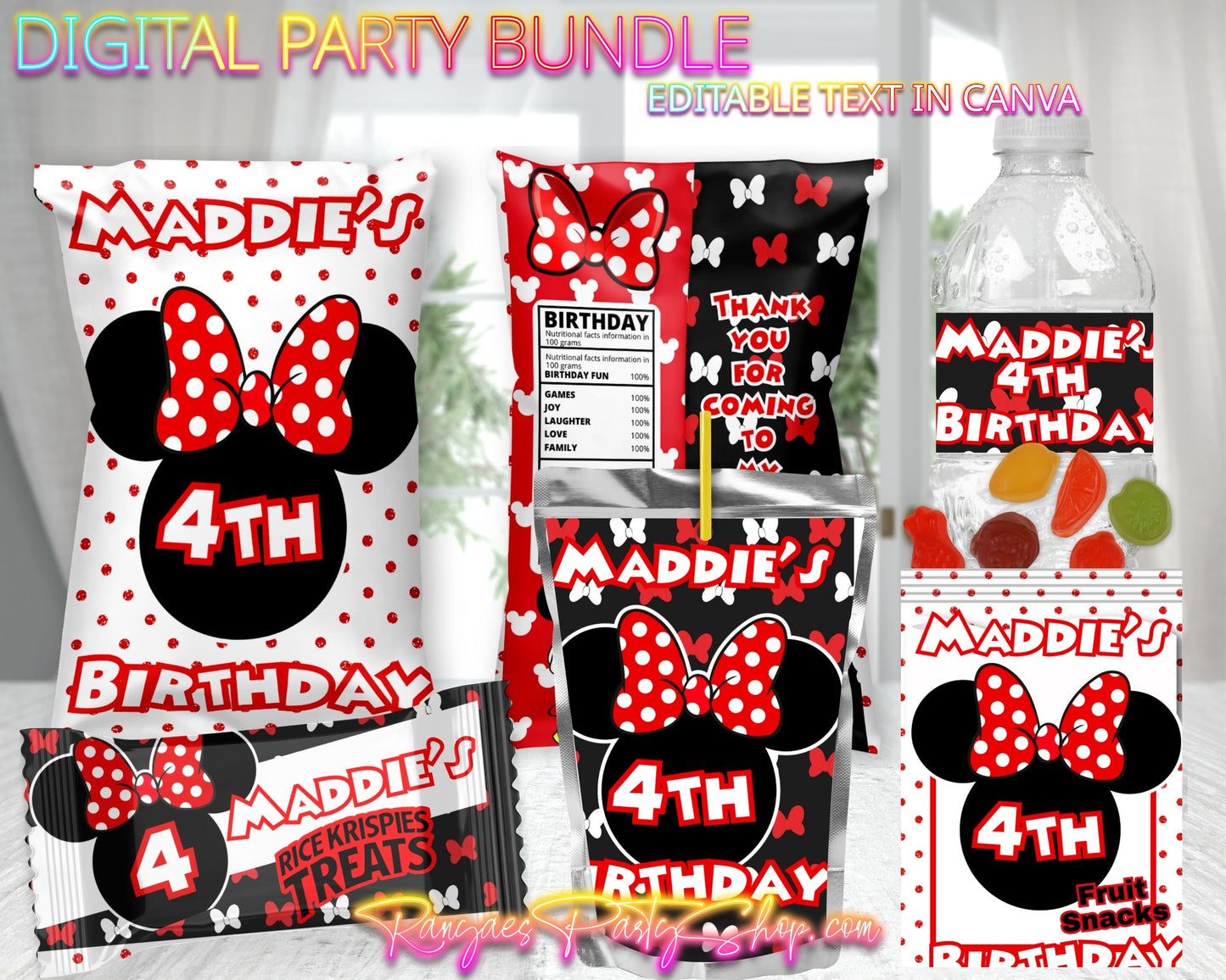Minnie Digital Party Package | Minnie Mouse Party Bundle | Edit Text with Canva | Digital File