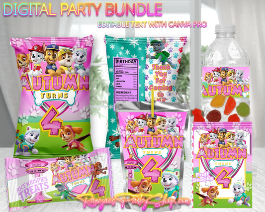 Paw Patrol Girl Digital Party Package | Paw Patrol Birthday Party Bundle | Edit Text with CANVA PRO | Digital File Only