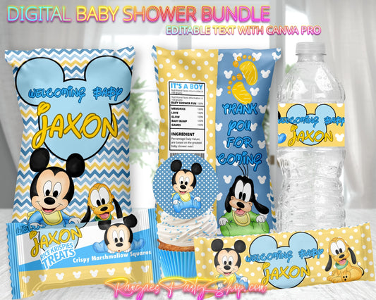 Baby Mickey Baby Shower Digital Bundle | Baby Mickey Baby Shower | Edit Text with CANVA PRO | Digital File Only
