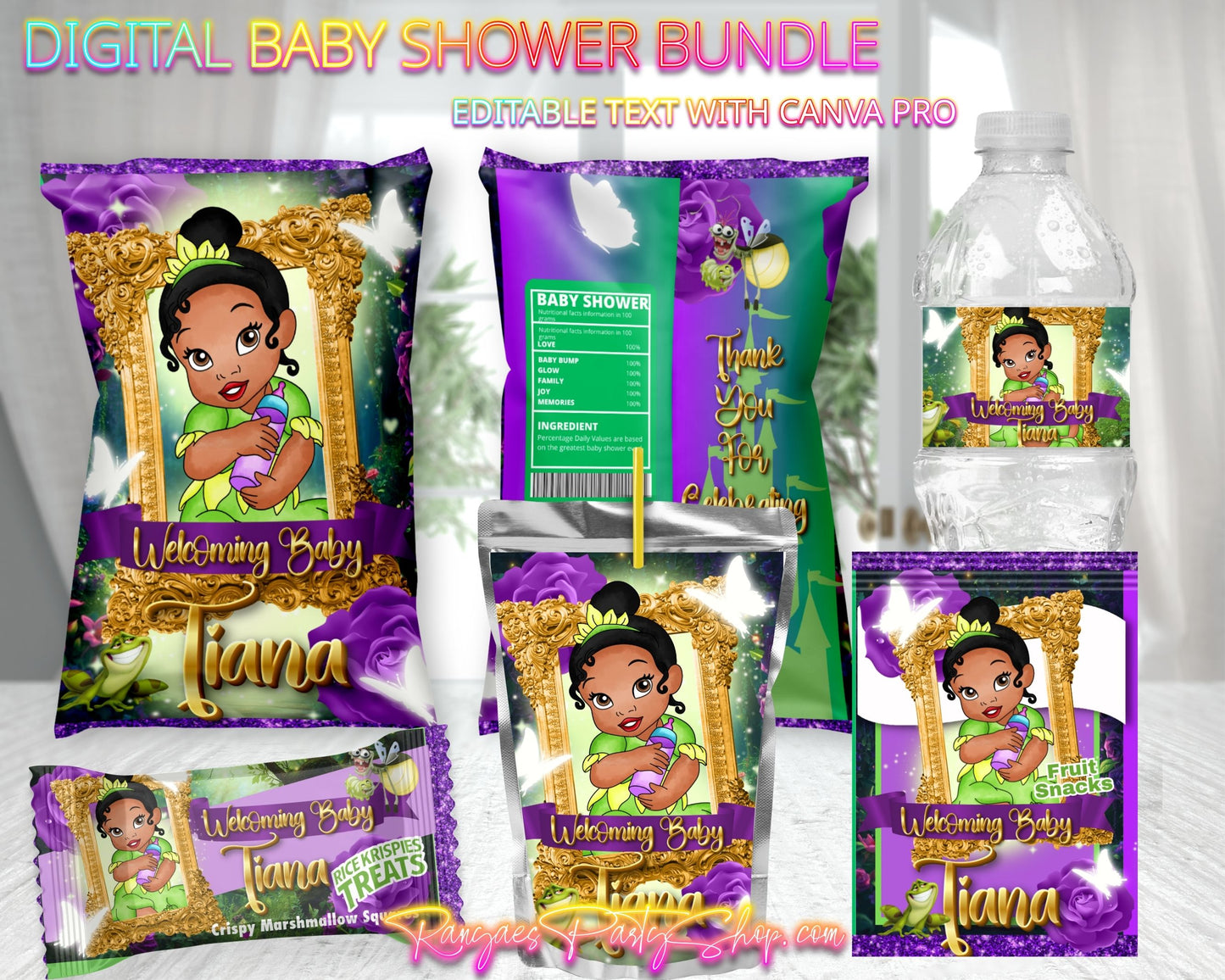 Baby Tiana Digital Baby Shower Package | Princess Tiana Baby Shower Bundle | Edit Text with CANVA PRO | Digital File Only