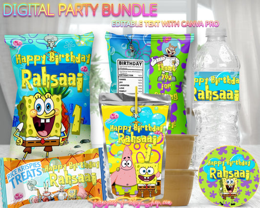 SpongeBob Digital Party Package | SpongeBob Party Bundle | Edit Text with CANVA PRO | Digital File Only