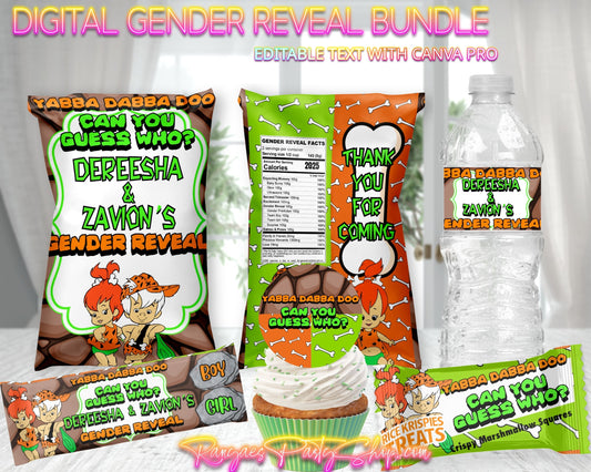 Pebbles or Bam Bam Gender Reveal Digital Package | Gender Reveal Bundle Green & Orange | Editable with CANVA PRO | Gender Reveal Favors | Digital File Only
