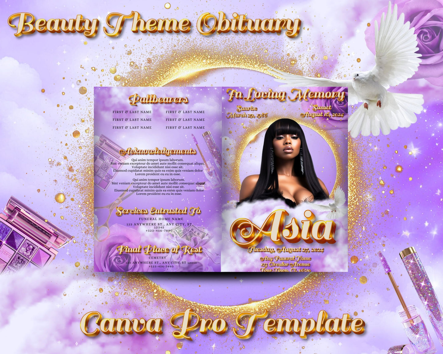 CANVA PRO Obituary Template | Beauty Themed Obituary Template | 8.5 x 11 Editable with Canva | Memorial | Digital File Only