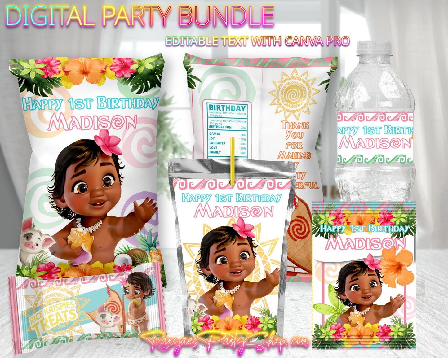 Moana Digital Party Package | Moana Birthday Party Bundle | Edit Text with CANVA PRO | Digital File Only