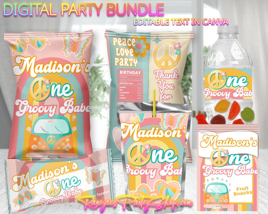 One Groovy Babe Digital Party Package | First Birthday Party Bundle | Edit Text with Canva | Digital File Only