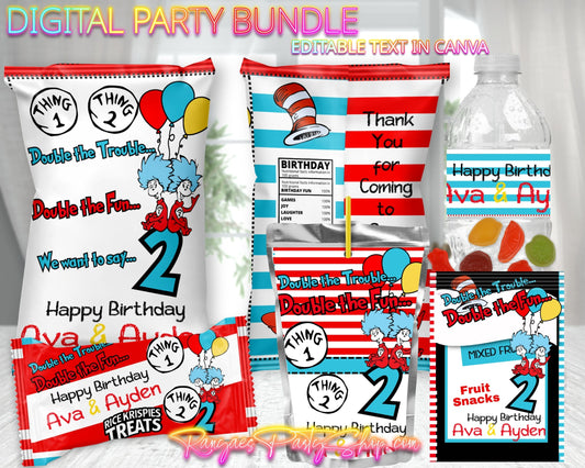 Double Trouble Digital Party Package | Thing 1 Thing 2 Party Bundle | Edit Text with Canva | Digital File Only