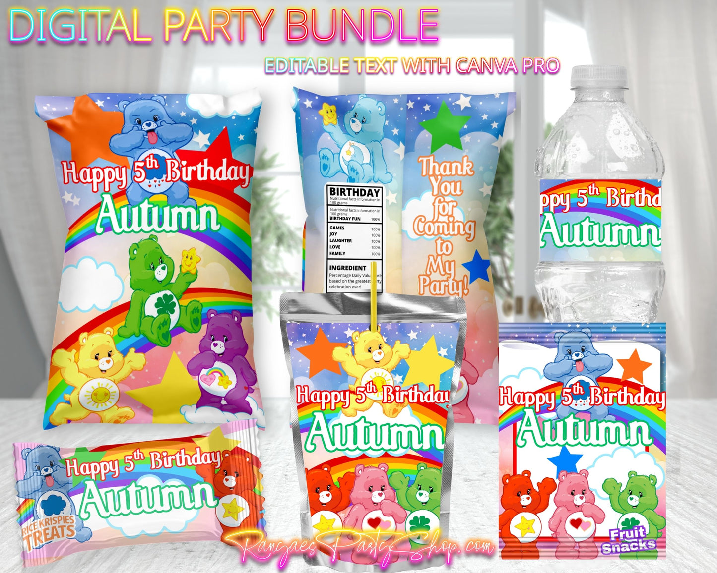 Care Bears Digital Party Package | Care Bears Party Bundle | Edit Text with CANVA PRO | Digital File Only