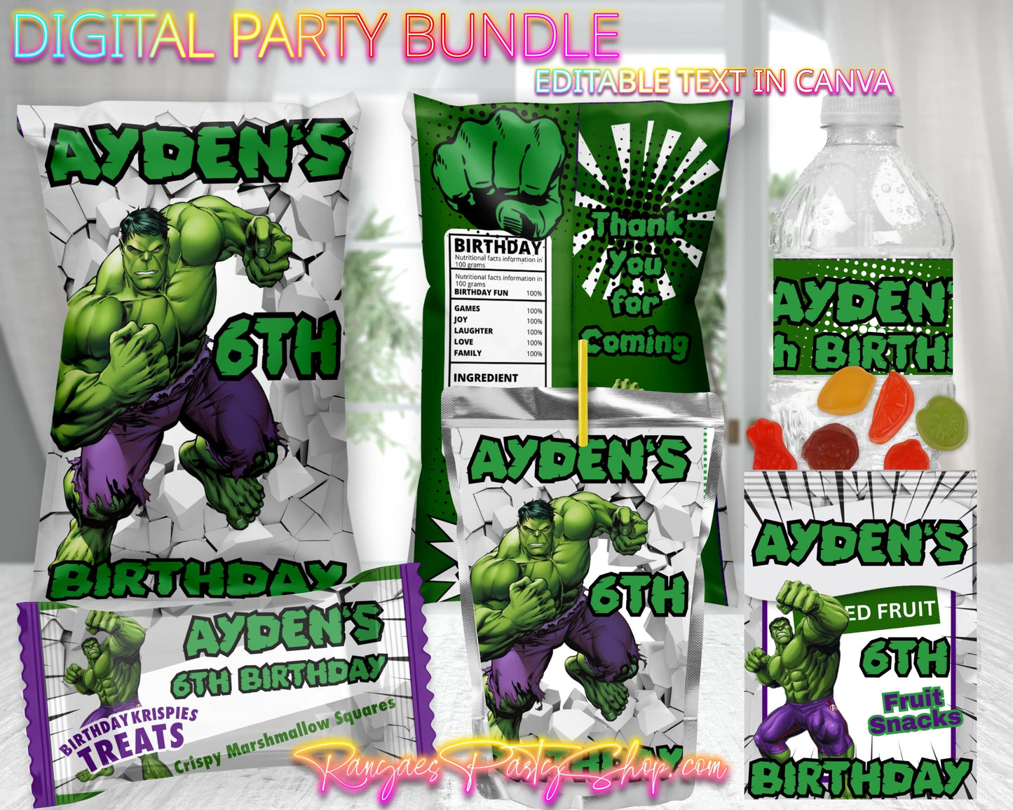 Hulk Digital Party Package | Hulk Party Bundle | Edit Text with Canva | Digital File Only