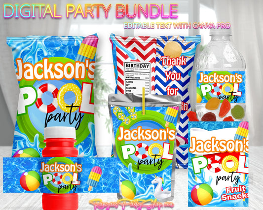 Pool Party Digital Party Package | Pool Birthday Party Bundle | Edit Text with CANVA PRO | Digital File Only
