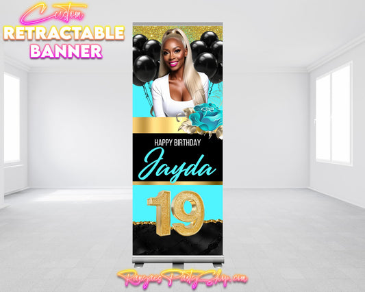 Custom Birthday Retractable Banner | Glam Birthday Banner | Retractable Birthday Banner | Glam Birthday Party Banner
