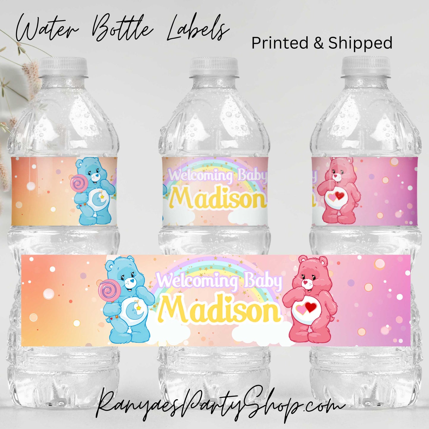 Pastel Care Bears Water Bottle Labels | Custom Water Bottle Labels | Care Bears Party | Care Bears Water Bottle Favors