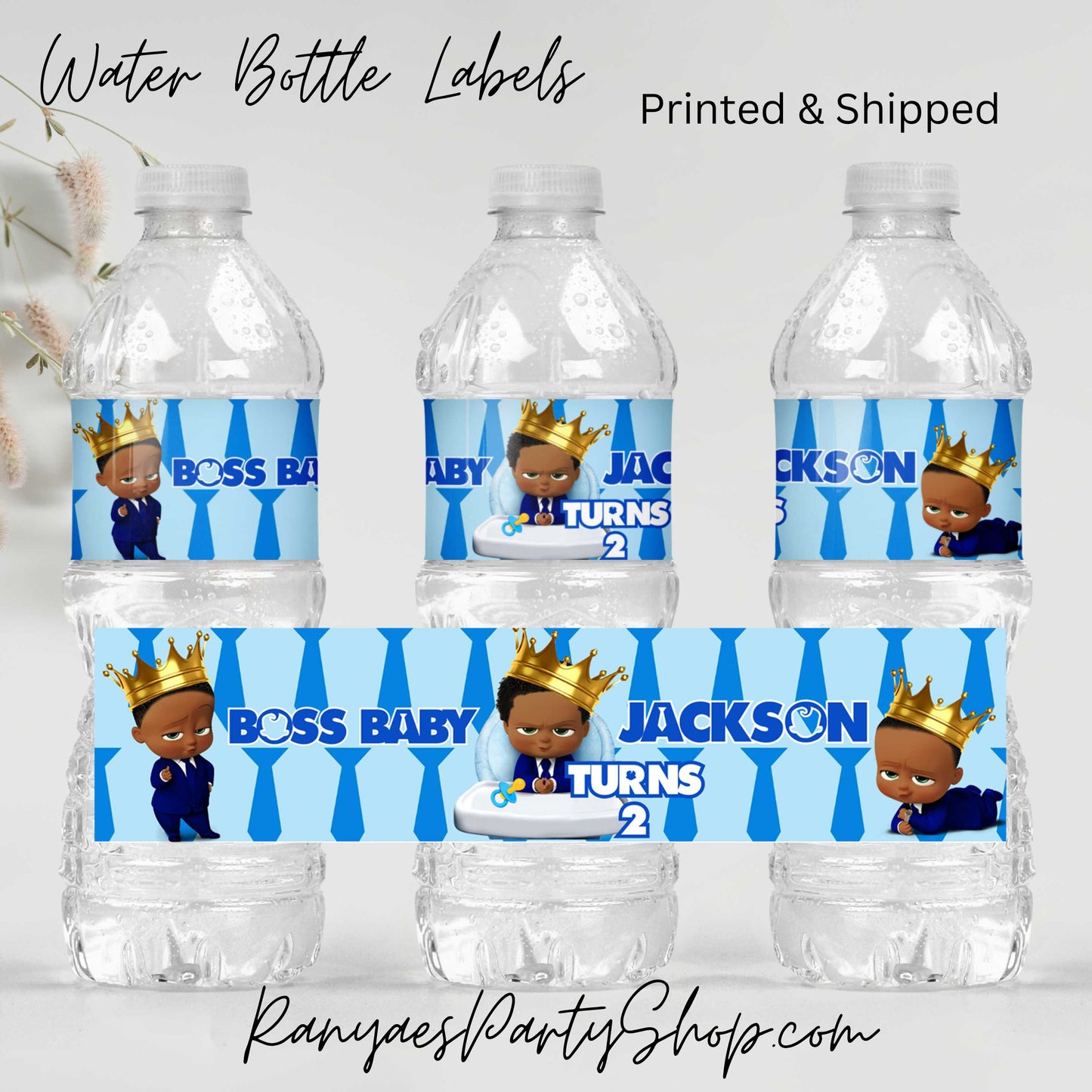 African American Boss Baby Water Bottle Labels | Custom Water Bottle Labels | Boss Baby Party | Boss Baby Water Favors