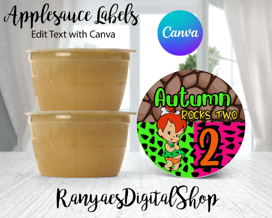 Pebbles Applesauce Label | Edit Text with Canva | Pebbles Party | Applesauce Party Favor Labels | Edit | Save | Download | Print |