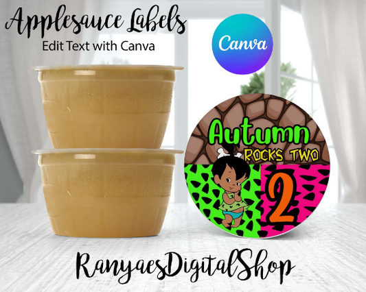 African American Pebbles Applesauce Label | Edit Text with Canva | Pebbles Party | Applesauce Party Favor Labels | Edit | Save | Download | Print |